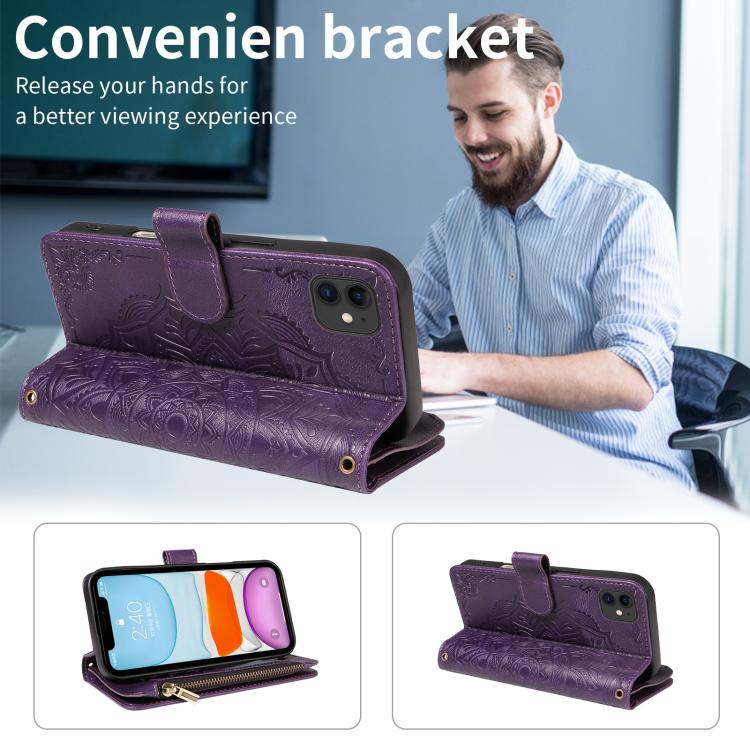 For iPhone 12 mini Mandala Embossed 9-Card Zipper RFID Vegan Leather Phone Case with Short Lanyard