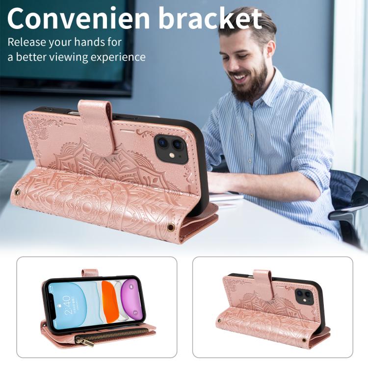 For iPhone 11 Mandala Embossed 9-Card Zipper RFID Vegan Leather Phone Case with Short Lanyard