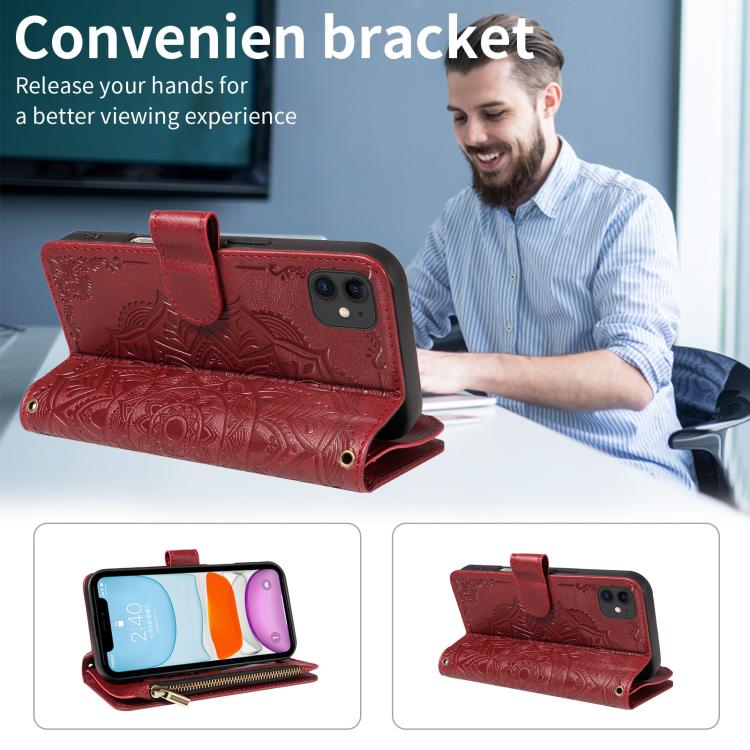 For iPhone 11 Mandala Embossed 9-Card Zipper RFID Vegan Leather Phone Case with Short Lanyard