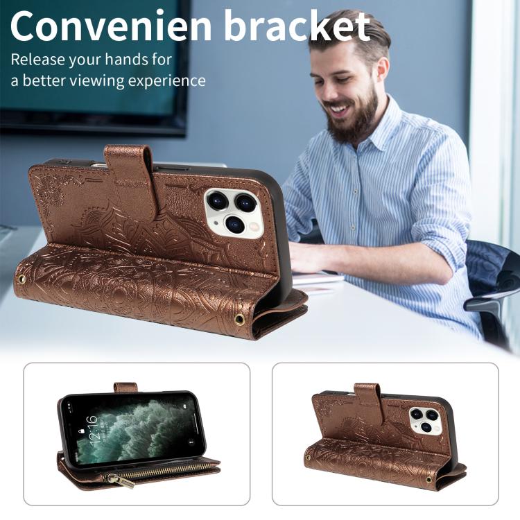 For iPhone 11 Pro Mandala Embossed 9-Card Zipper RFID Vegan Leather Phone Case with Short Lanyard