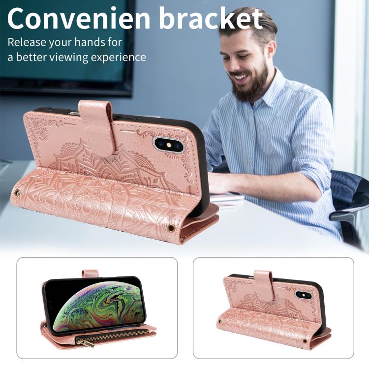For iPhone XS / X Mandala Embossed 9-Card Zipper RFID Vegan Leather Phone Case with Short Lanyard