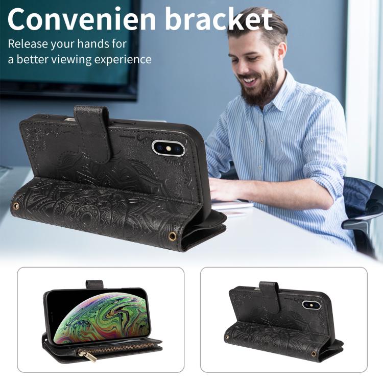 For iPhone XS / X Mandala Embossed 9-Card Zipper RFID Vegan Leather Phone Case with Short Lanyard
