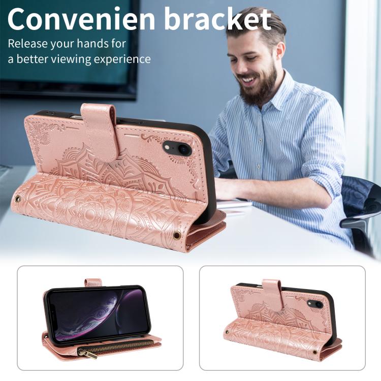 For iPhone XR Mandala Embossed 9-Card Zipper RFID Vegan Leather Phone Case with Short Lanyard