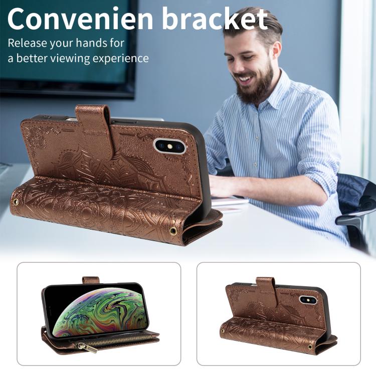 For iPhone XS Max Mandala Embossed 9-Card Zipper RFID Vegan Leather Phone Case with Short Lanyard