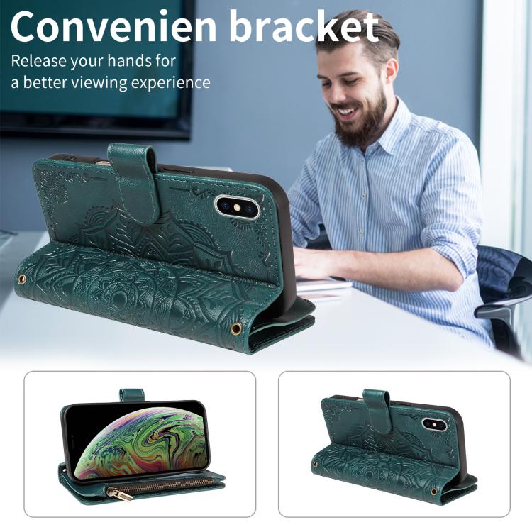 For iPhone XS Max Mandala Embossed 9-Card Zipper RFID Vegan Leather Phone Case with Short Lanyard