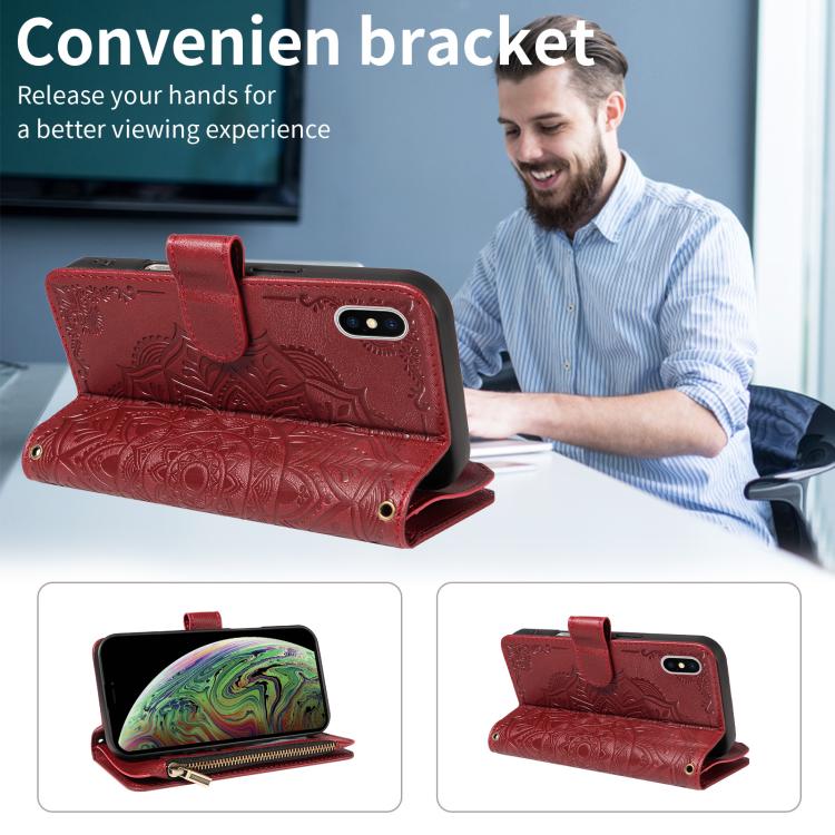 For iPhone XS Max Mandala Embossed 9-Card Zipper RFID Vegan Leather Phone Case with Short Lanyard