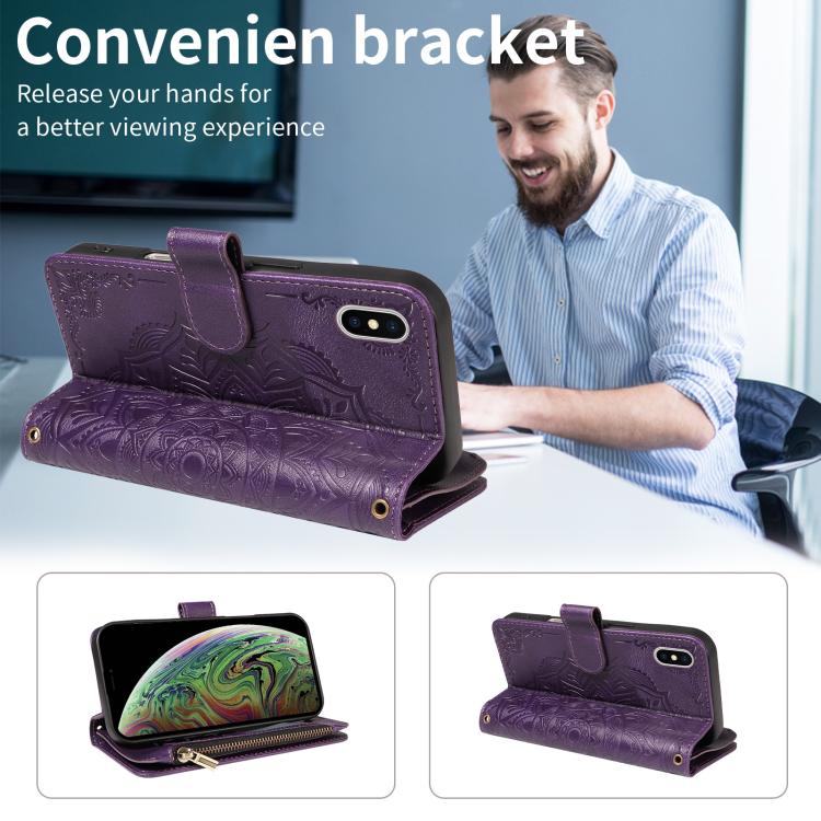 For iPhone XS Max Mandala Embossed 9-Card Zipper RFID Vegan Leather Phone Case with Short Lanyard