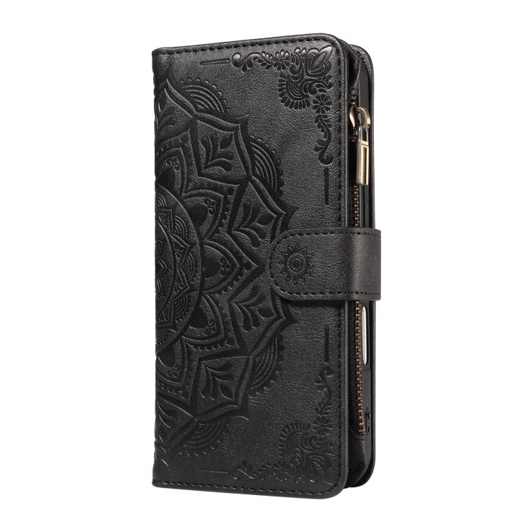 For Galaxy S21+ 5G Mandala Embossed 9-Card Zipper RFID Vegan Leather Phone Case with Short Lanyard