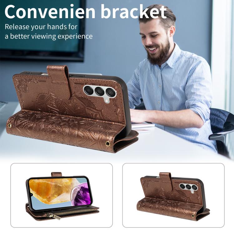 For Samsung Galaxy M15 5G / F15 5G Mandala Embossed 9-Card Zipper RFID Vegan Leather Phone Case with Short Lanyard
