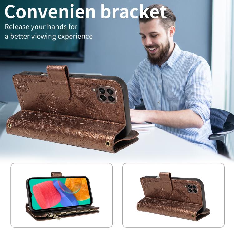For Samsung Galaxy M33 5G Global Mandala Embossed 9-Card Zipper RFID Vegan Leather Phone Case with Short Lanyard
