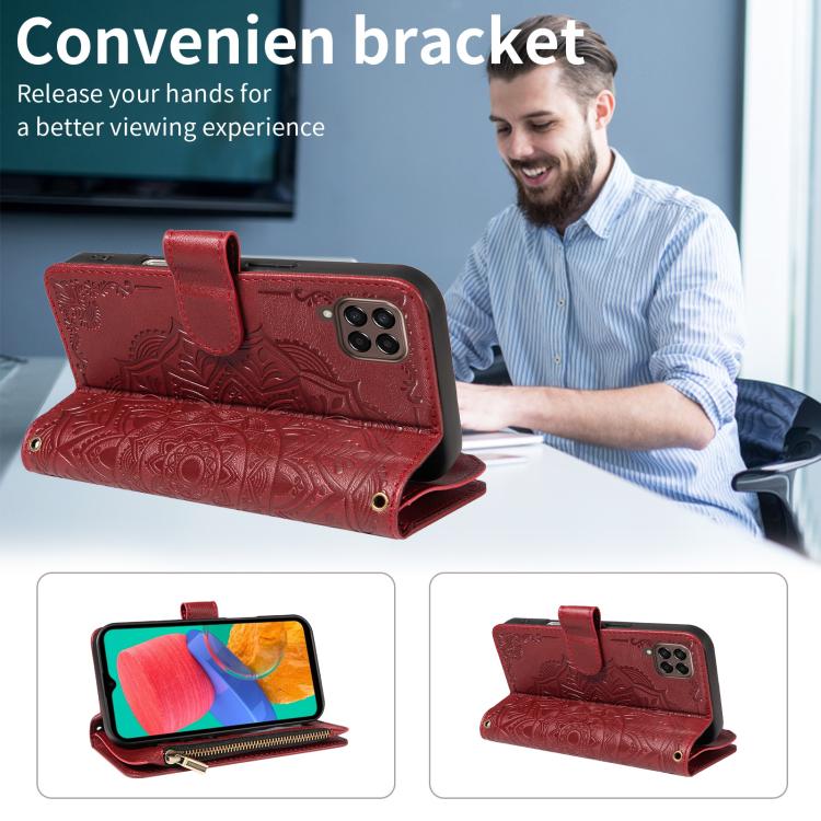 For Samsung Galaxy M33 5G Global Mandala Embossed 9-Card Zipper RFID Vegan Leather Phone Case with Short Lanyard