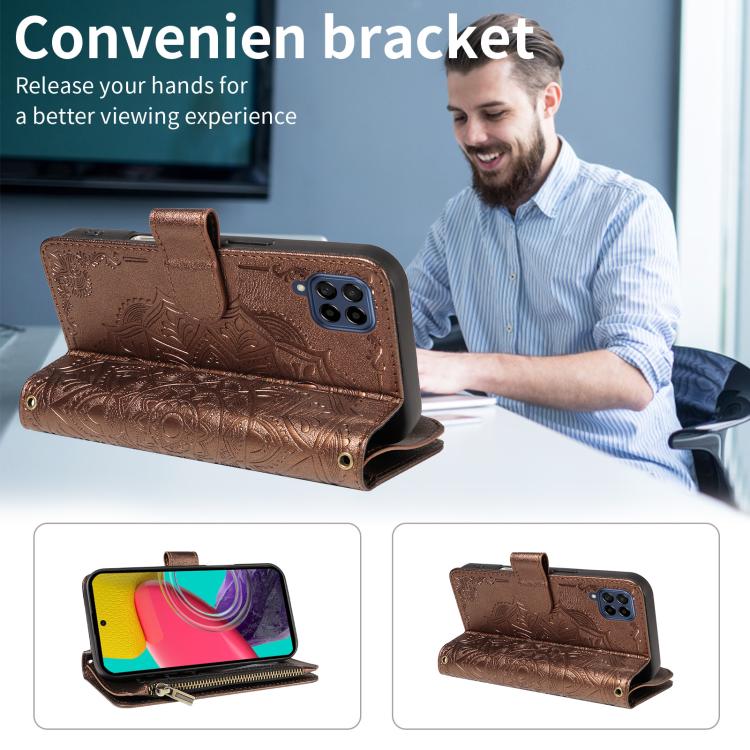 For Samsung Galaxy M53 5G Mandala Embossed 9-Card Zipper RFID Vegan Leather Phone Case with Short Lanyard