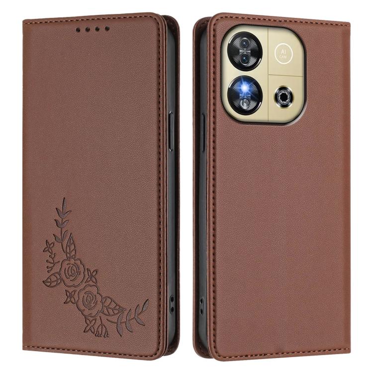 For Oukitel C57S / C57 Pro Peony Embossed Magnetic RFID Vegan Leather Phone Case