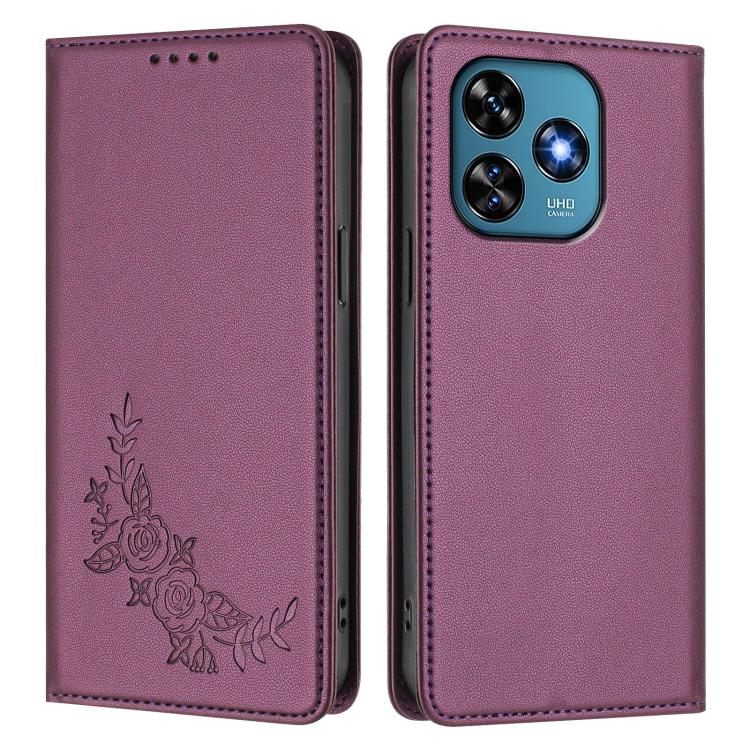 For Oukitel C51 Peony Embossed Magnetic RFID Vegan Leather Phone Case
