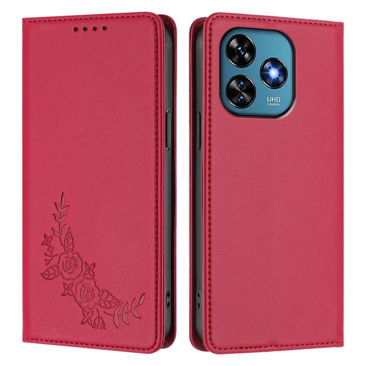 For Oukitel C51 Peony Embossed Magnetic RFID Vegan Leather Phone Case