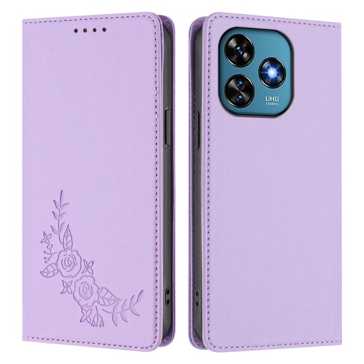 For Oukitel C51 Peony Embossed Magnetic RFID Vegan Leather Phone Case