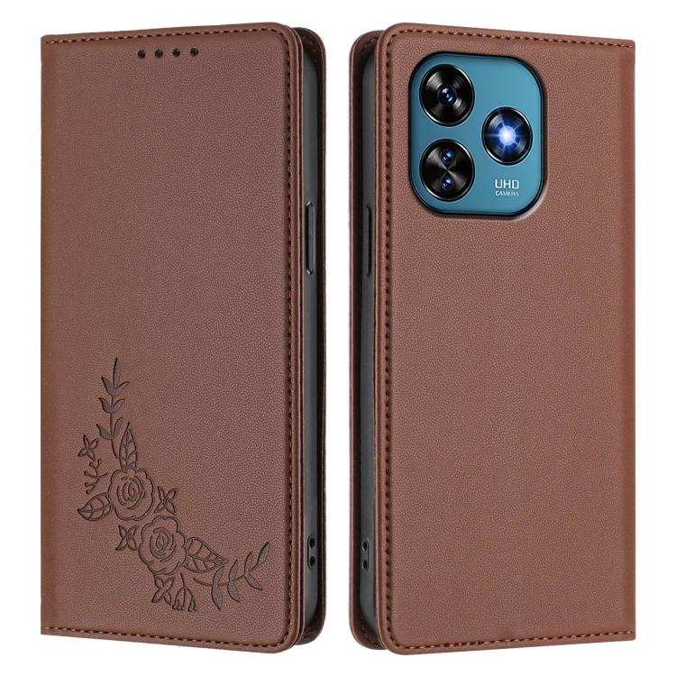 For Oukitel C51 Peony Embossed Magnetic RFID Vegan Leather Phone Case