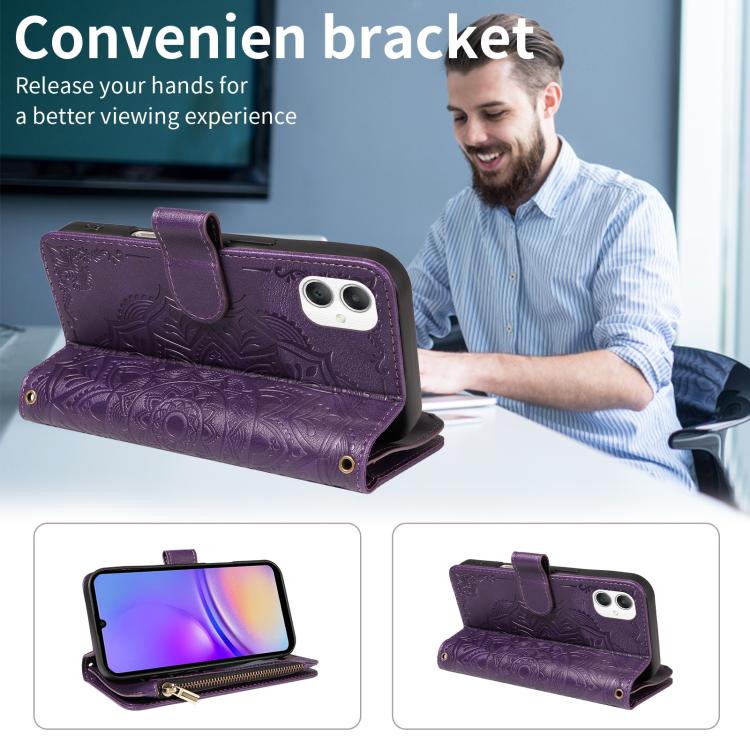 For Samsung Galaxy A07 5G / A06 5G Mandala Embossed 9-Card Zipper RFID Vegan Leather Phone Case with Short Lanyard
