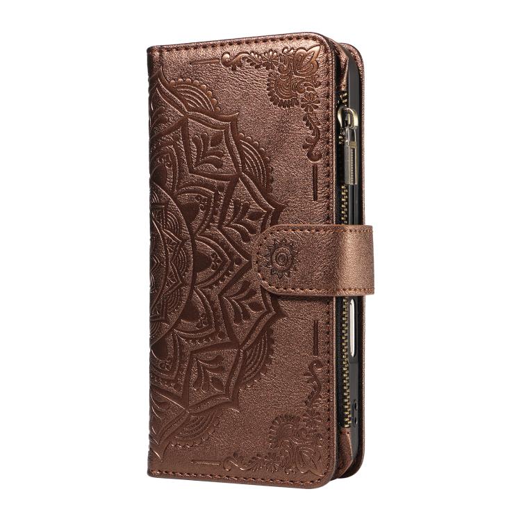 For Samsung Galaxy A53 5G Mandala Embossed 9-Card Zipper RFID Vegan Leather Phone Case with Short Lanyard