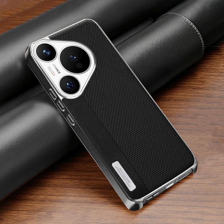 For Huawei Pura 70 Electroplated Matte Frame Dual Color Splicing Vegan Leather Phone Case