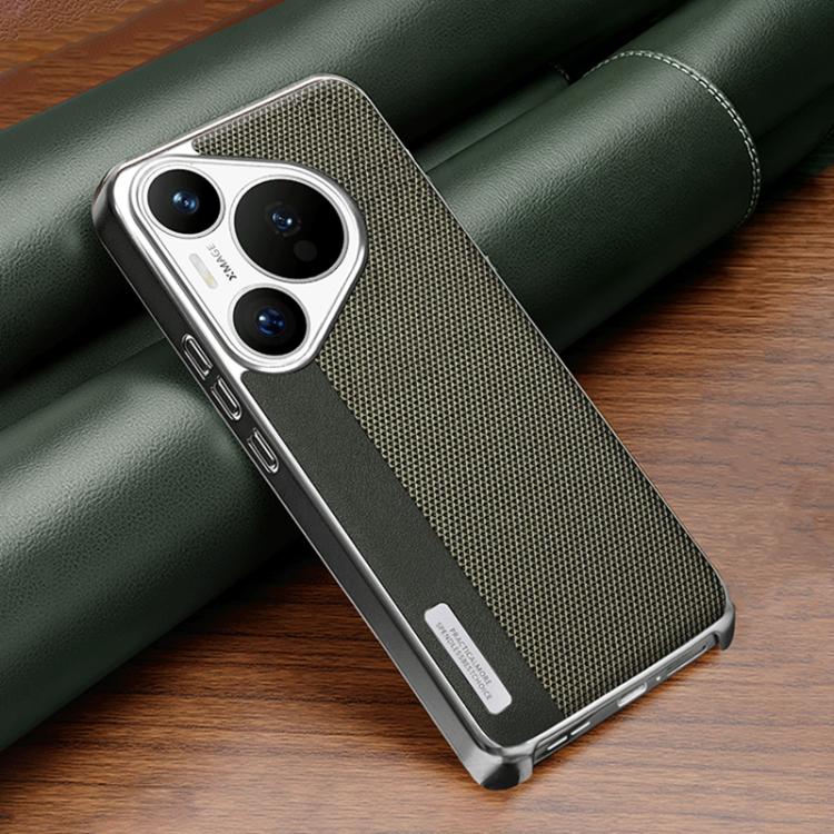 For Huawei Pura 70 Electroplated Matte Frame Dual Color Splicing Vegan Leather Phone Case