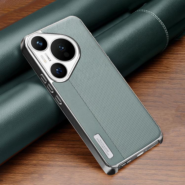For Huawei Pura 70 Electroplated Matte Frame Dual Color Splicing Vegan Leather Phone Case