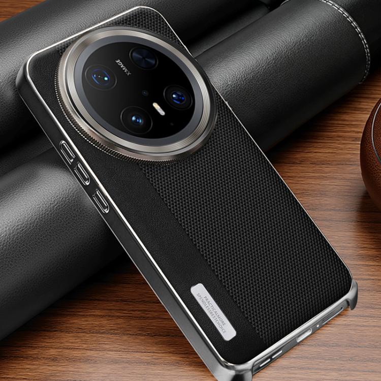 For Huawei Mate 70 Pro+ Electroplated Matte Frame Dual Color Splicing Vegan Leather Phone Case