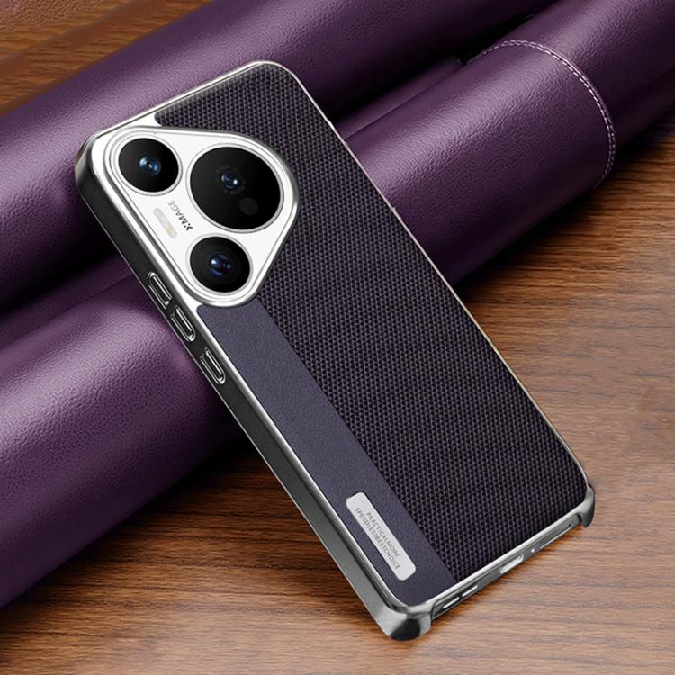 For Huawei Pura 70 Pro/Pro+ Electroplated Matte Frame Dual Color Splicing Vegan Leather Phone Case