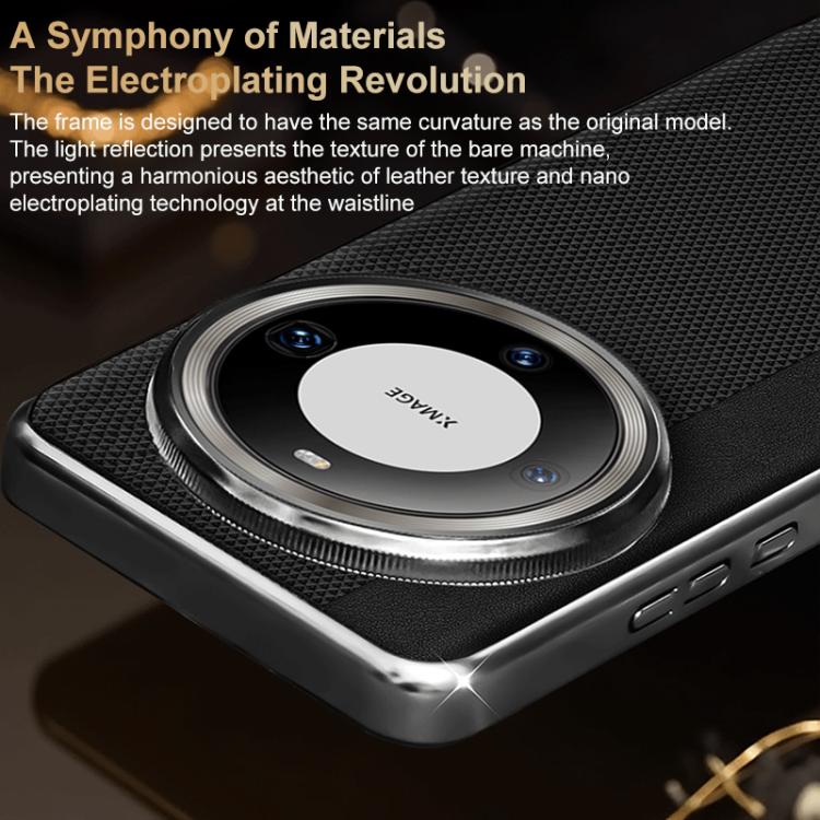 For Huawei Mate 60 Electroplated Matte Frame Dual Color Splicing Vegan Leather Phone Case