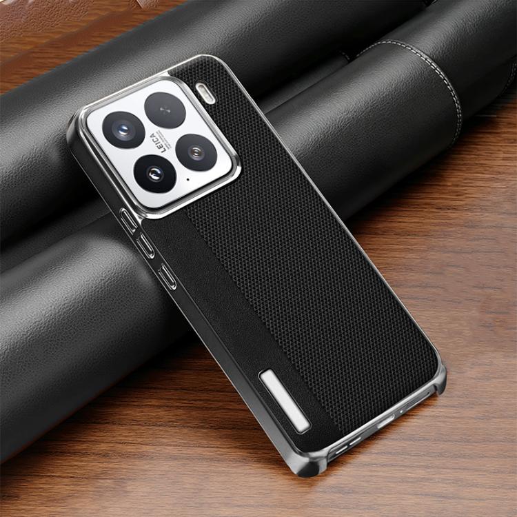 For Xiaomi 15 Electroplated Matte Frame Dual Color Splicing Vegan Leather Phone Case