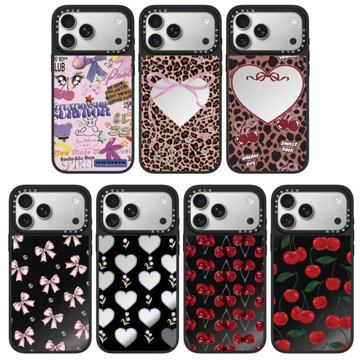 For iPhone 15 Leopard Cherry Series Pattern Mirror Phone Case