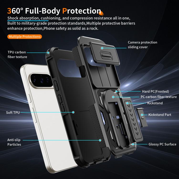 For Google Pixel 10 / 10 Pro / 9 / 9 Pro Slid Camera Shield Invisible Holder PC Hybrid TPU Phone Case