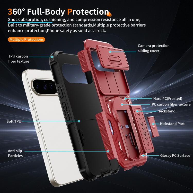 For Google Pixel 10 / 10 Pro / 9 / 9 Pro Slid Camera Shield Invisible Holder PC Hybrid TPU Phone Case