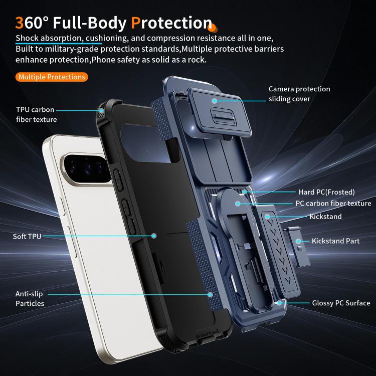 For Google Pixel 10 / 10 Pro / 9 / 9 Pro Slid Camera Shield Invisible Holder PC Hybrid TPU Phone Case