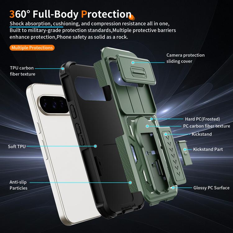 For Google Pixel 10 / 10 Pro / 9 / 9 Pro Slid Camera Shield Invisible Holder PC Hybrid TPU Phone Case