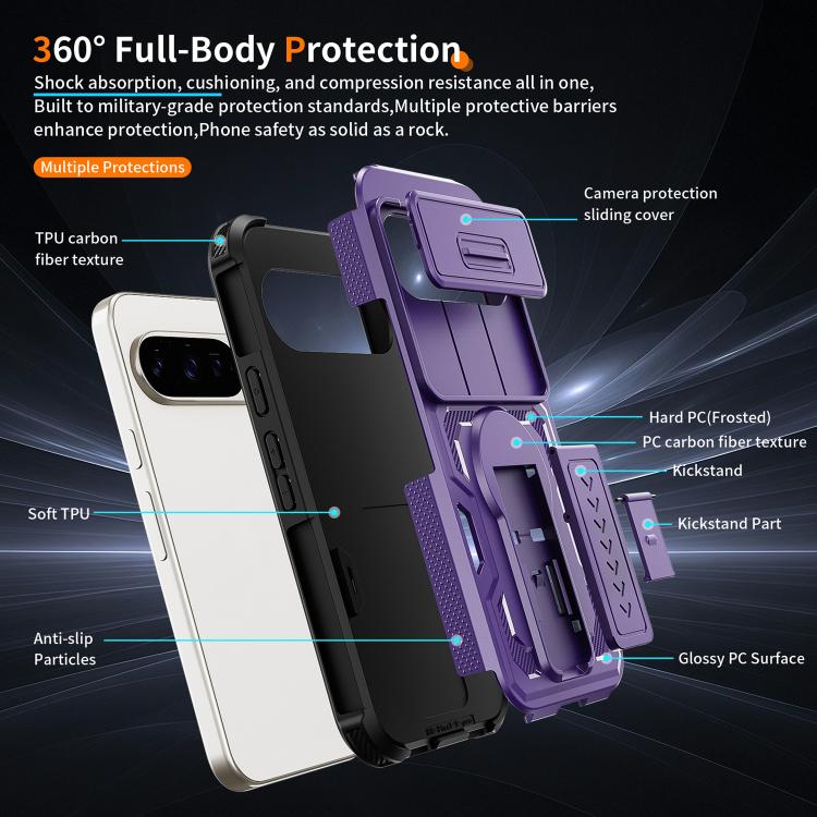 For Google Pixel 10 / 10 Pro / 9 / 9 Pro Slid Camera Shield Invisible Holder PC Hybrid TPU Phone Case