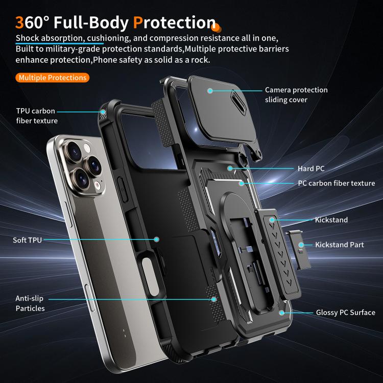 For iPhone 16 Pro Max Slid Camera Shield Invisible Holder PC Hybrid TPU Phone Case