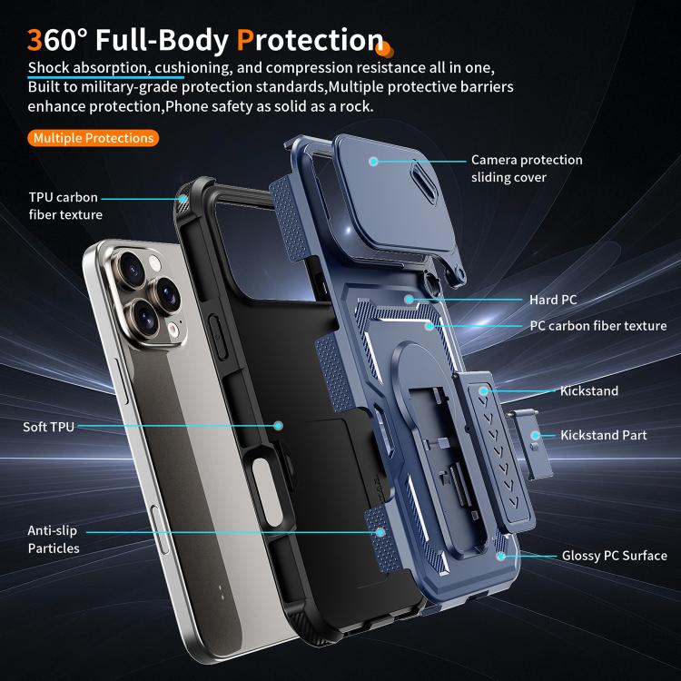 For iPhone 16 Pro Max Slid Camera Shield Invisible Holder PC Hybrid TPU Phone Case