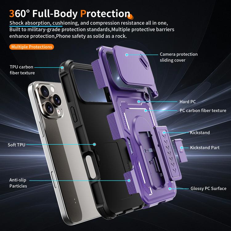 For iPhone 16 Pro Max Slid Camera Shield Invisible Holder PC Hybrid TPU Phone Case