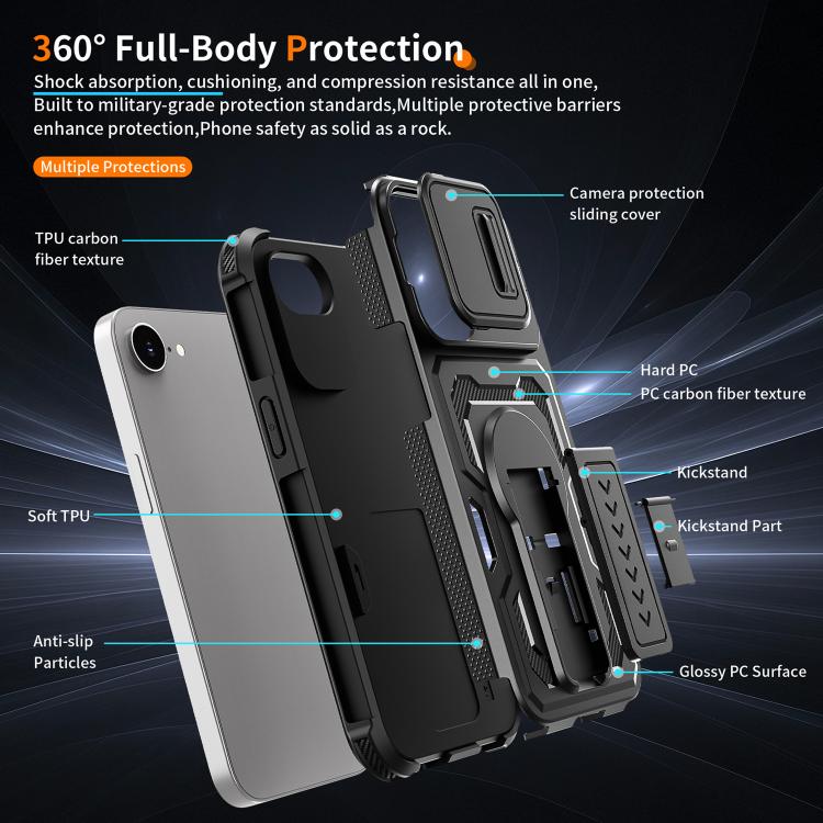 For iPhone 17e / 16e Slid Camera Shield Invisible Holder PC Hybrid TPU Phone Case