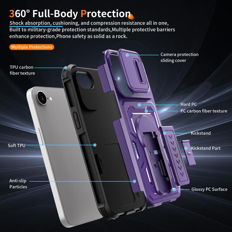 For iPhone 17e / 16e Slid Camera Shield Invisible Holder PC Hybrid TPU Phone Case