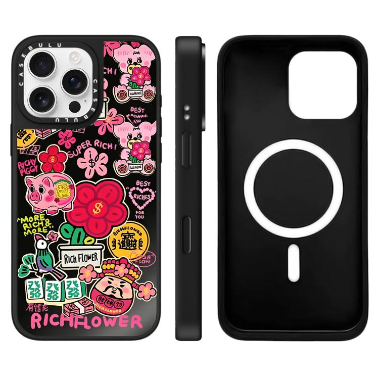 For iPhone 16 Pro Max Rich Flower Series Pattern Mirror Magnetic Phone Case