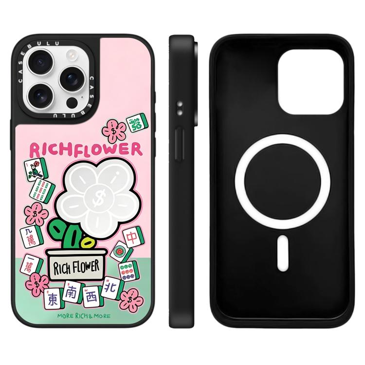 For iPhone 15 Pro Rich Flower Series Pattern Mirror Magnetic Phone Case