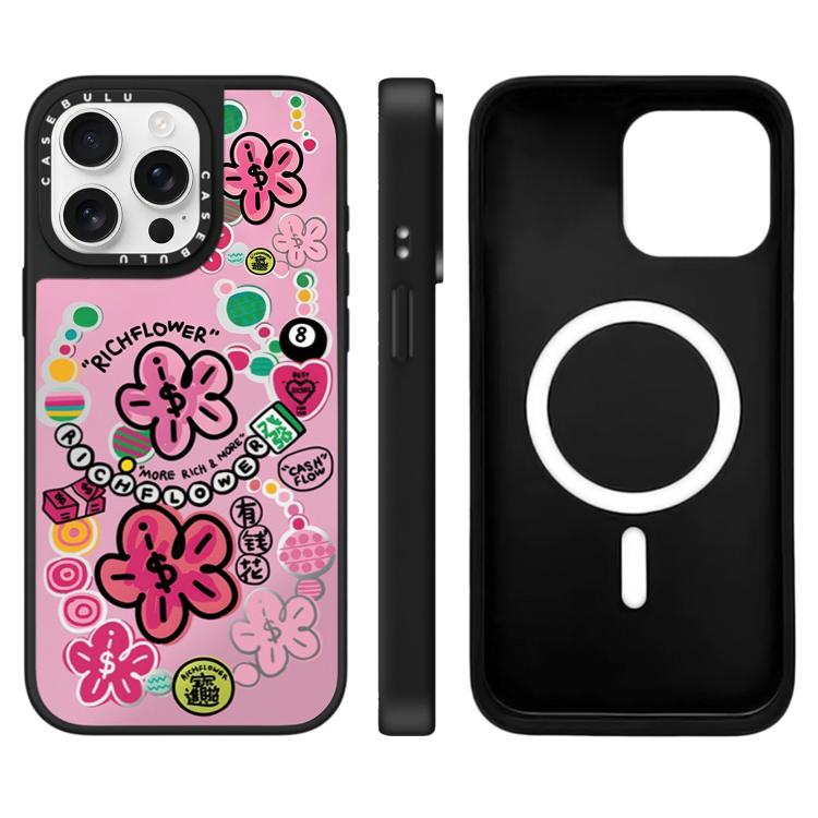 For iPhone 15 Pro Rich Flower Series Pattern Mirror Magnetic Phone Case