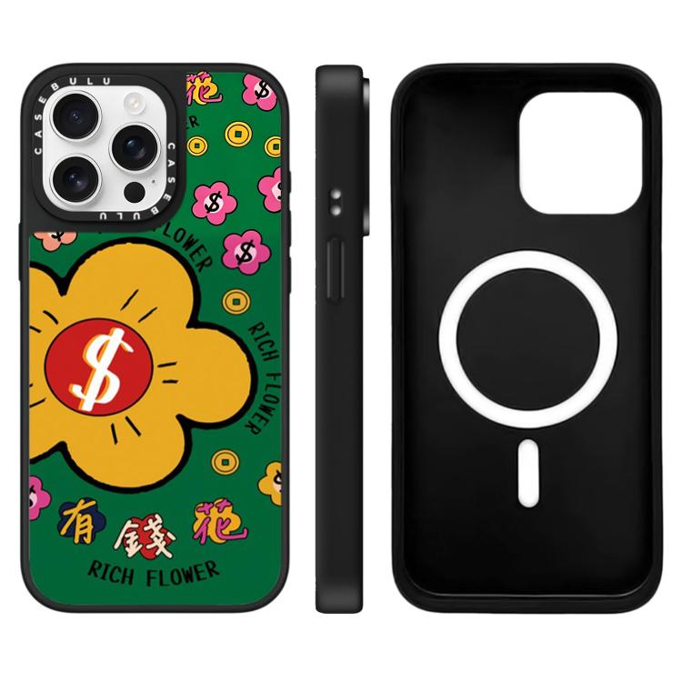 For iPhone 15 Pro Rich Flower Series Pattern Mirror Magnetic Phone Case