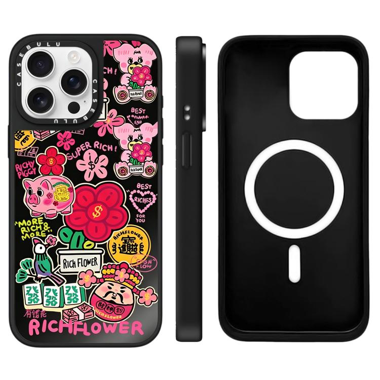 For iPhone 15 Pro Rich Flower Series Pattern Mirror Magnetic Phone Case