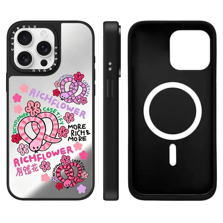 For iPhone 15 Pro Rich Flower Series Pattern Mirror Magnetic Phone Case