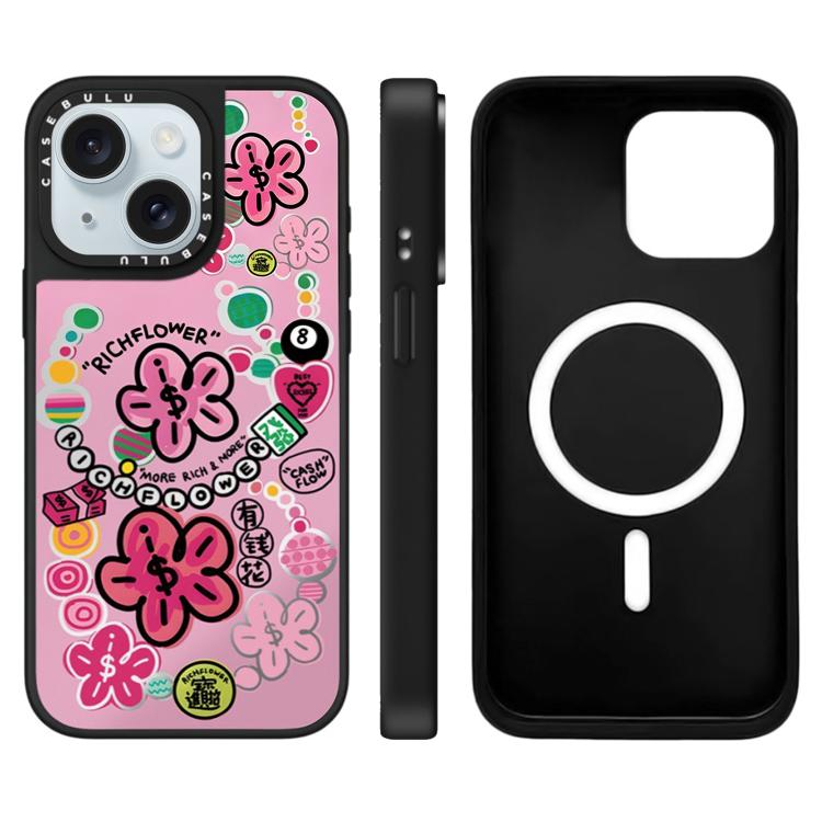 For iPhone 15 Plus Rich Flower Series Pattern Mirror Magnetic Phone Case