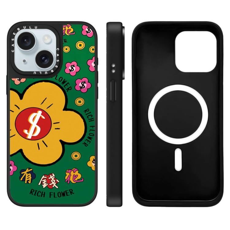 For iPhone 15 Plus Rich Flower Series Pattern Mirror Magnetic Phone Case