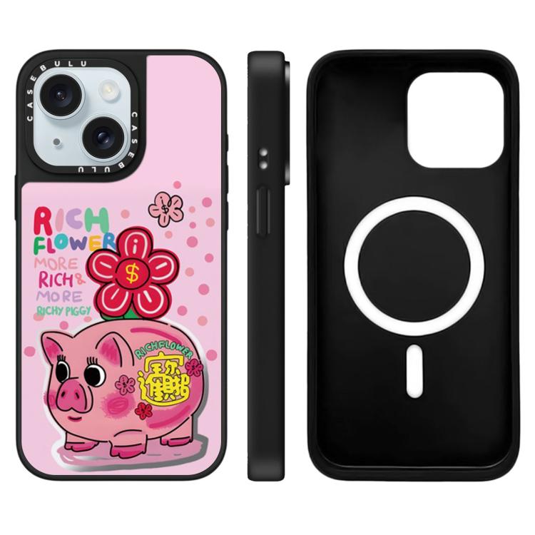 For iPhone 15 Plus Rich Flower Series Pattern Mirror Magnetic Phone Case